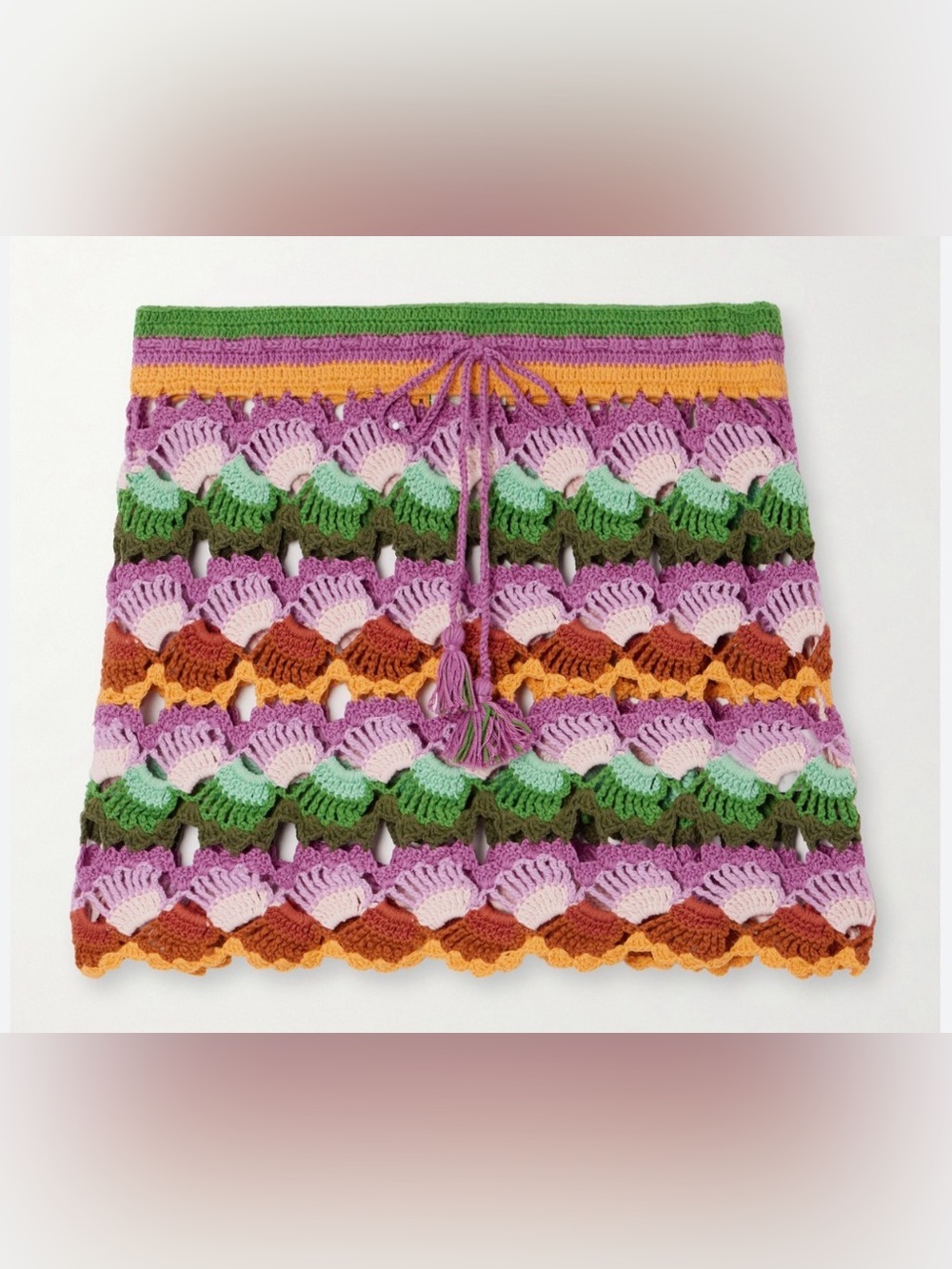 Farm Rio Bananas Crochet-Knit Cotton-Blend Mini Skirt Size S Drawstring Tassel - Picture 3 of 6